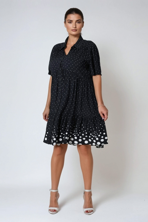 Shirt collar dress with graphic print and ultra-fluid viscose base