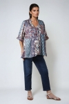 Printed viscose satin crepe mandarin collar shirt 