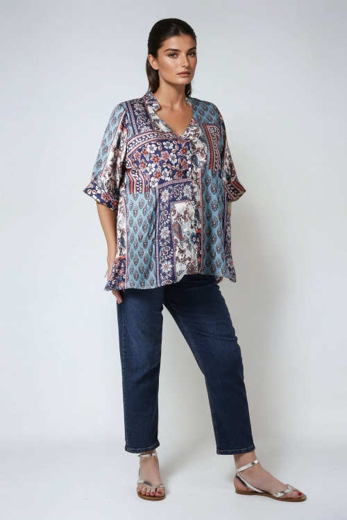 Printed viscose satin crepe mandarin collar shirt 