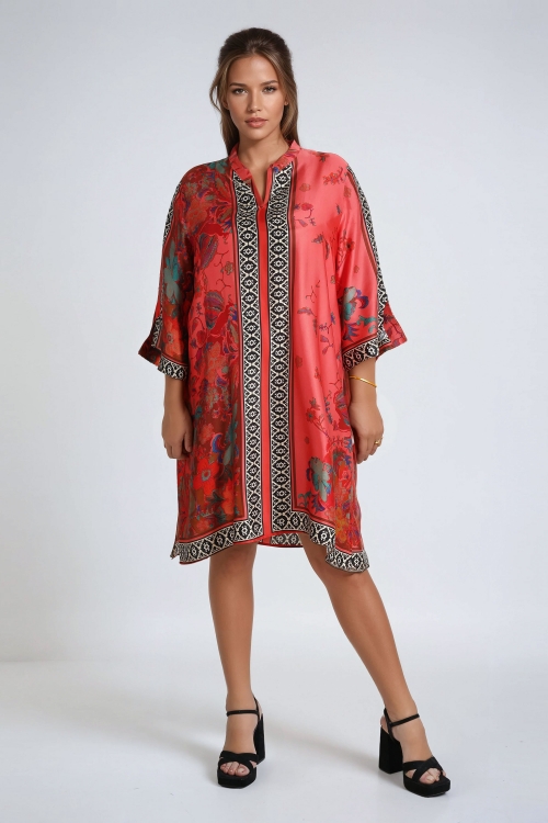 Printed mandarin collar dress with fluid viscose motif