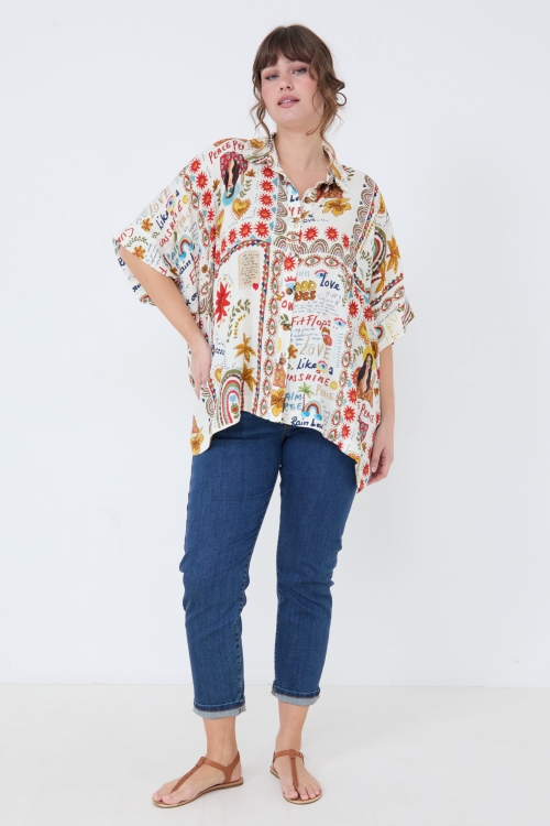 Oversized shirt in slub printed viscose