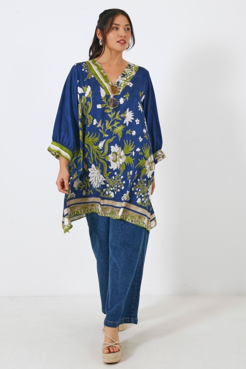 Floral print tunic with a satin viscose base, Ecovero, made in France