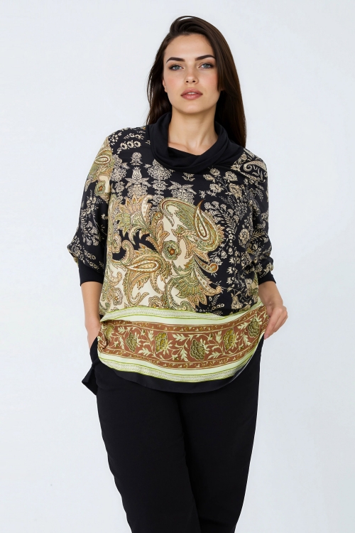 Baroque print blouse in viscose satin and viscose fleece