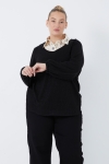 Lurex rib sweater with printed poplin shirt effect underneath.