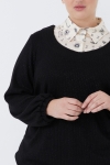 Lurex rib sweater with printed poplin shirt effect underneath.