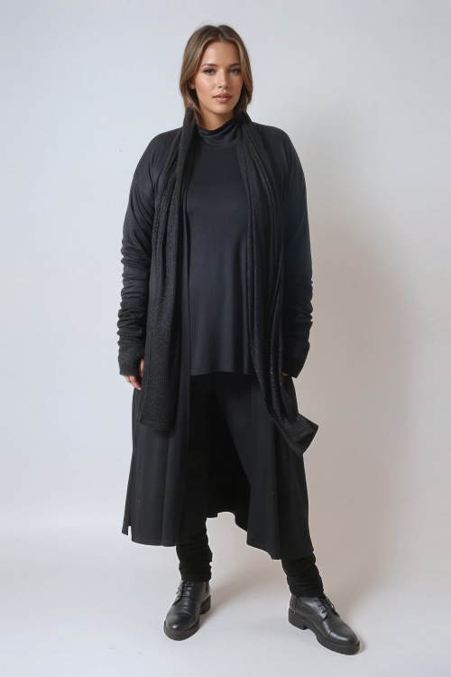 Gilet long en molleton viscose avec écharpe et mitaines intégrées en maille lurex