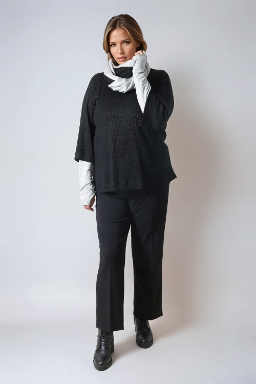 Two-tone viscose fleece sweater with lurex mittens and removable scarf collar