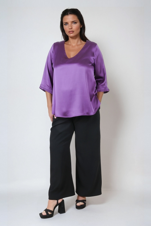 Elegance celeste blue viscose satin blouse with V-neck