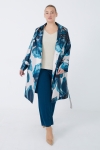 Satin effect trench coat with large flower motif.
