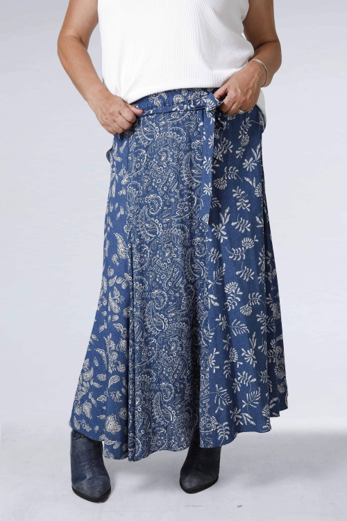 Blue patchwork flared long skirt