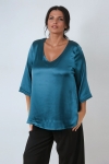 Elegance celestial blue viscose satin blouse with V-neck