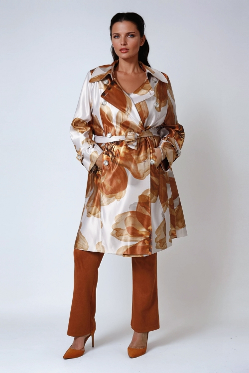 Satin effect trench coat with large flower motif.