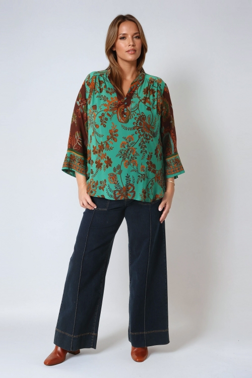 Emerald and burnt earth patch blouse, bohemian chic