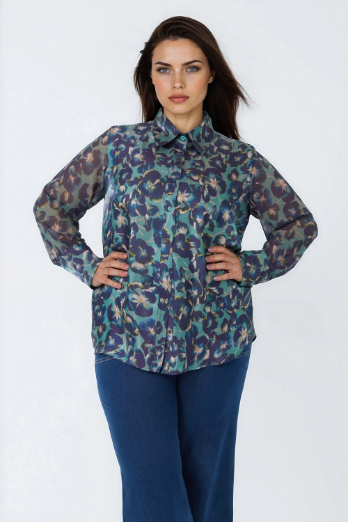 Chemoise fluide imprimee en viscose -manches longues en voile