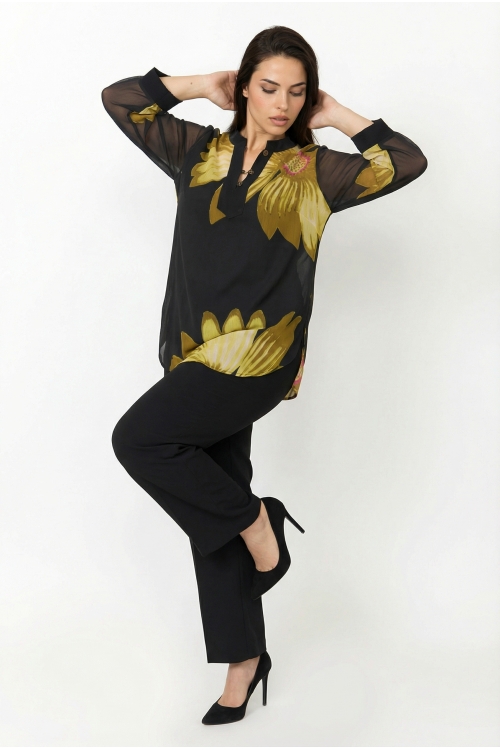 Printed voile tunic and viscose-elastane top set - sun flower pattern