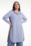 Long shirt in two materials: striped cotton and printed lyocell