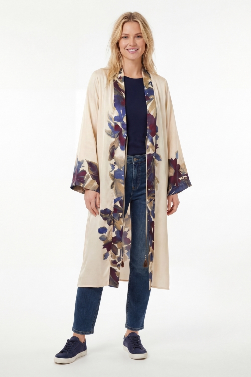 Gilet long fluide imprime satine dessin place aquarelle