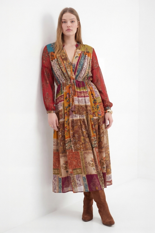 Long patchwork dress in viscose and georgette