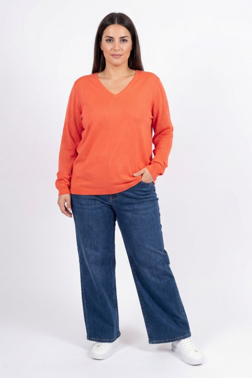 V-neck sweater with openwork sleeves, one size fits 44/52