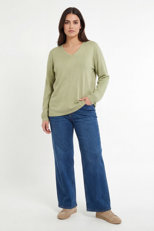 V-neck sweater with openwork sleeves, one size fits 44/52
