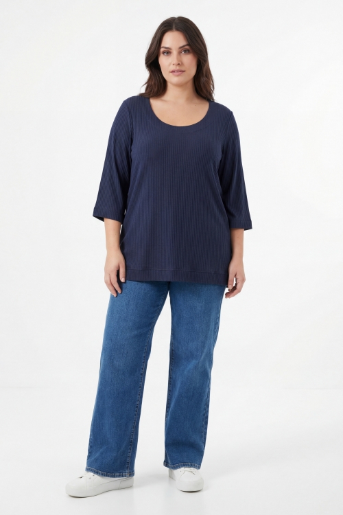 Tee shirt en maille cotelee-col arrondi ,manches 3/4 en viscose lin elasthane