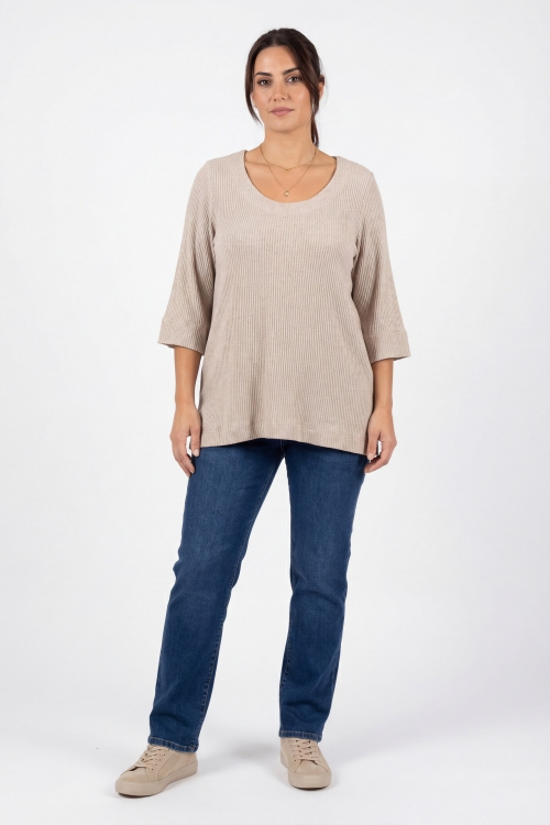 Tee shirt en maille cotelee-col arrondi ,manches 3/4 en viscose lin elasthane