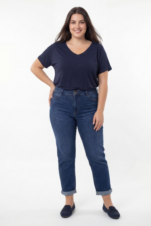 Jean droit confort avec broderie- denim bleu