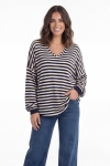 Women's V-neck Breton striped sweater, navy and ecru
