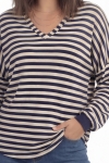 Women's V-neck Breton striped sweater, navy and ecru