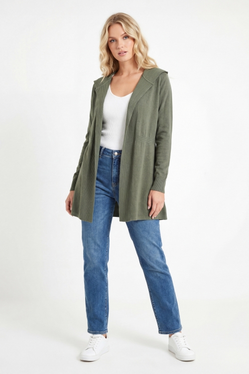 Long hooded cardigan in fluid knit, one size fits 44/52