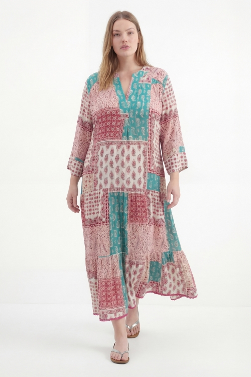 Long patchwork print dress in viscose lurex - bohemian chic style