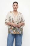 Flowy floral print blouse with macrame bib