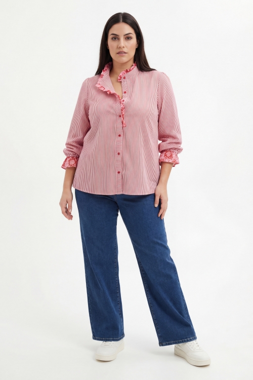 Chemise rayée en coton avec détails viscose imprimée -esprit féminin et élégant